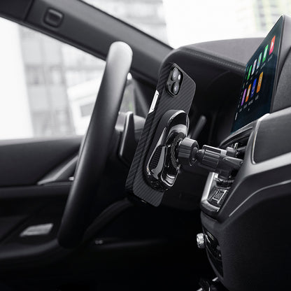 Apple iPhone 14 Kılıf M-safe Şarj Özellikli 1500D Aramid Fiber Pitaka Ultra-Slim Classic Serisi Black-Grey Twill Kapak