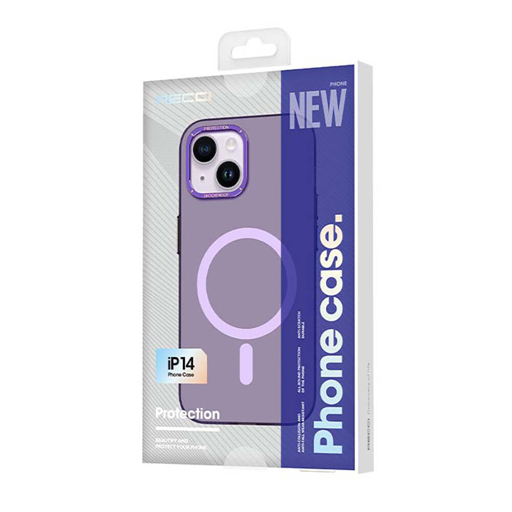 Apple iPhone 14 Kılıf M-safe Şarj Özellikli Metal Kamera Çerçeveli Recci Glaze Serisi Kapak