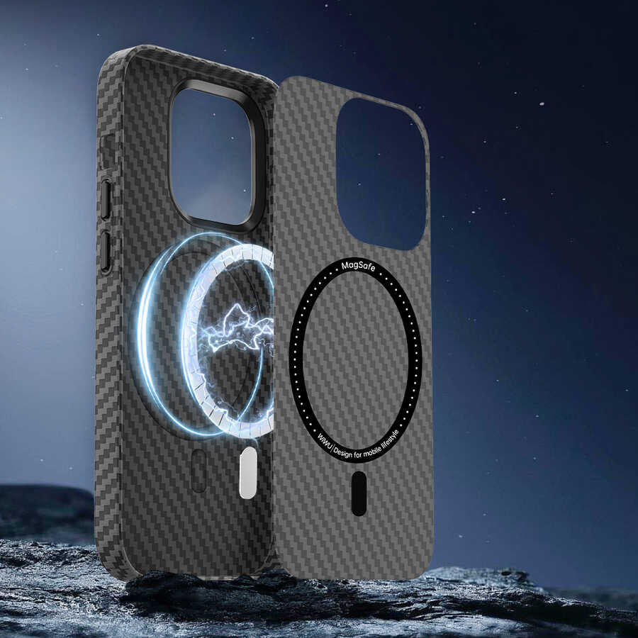 Apple iPhone 14 Plus Kılıf ​​​​​Wiwu Karbon Fiber Görünümlü M-safe Wireless Şarj Özellikli Kabon Kapak
