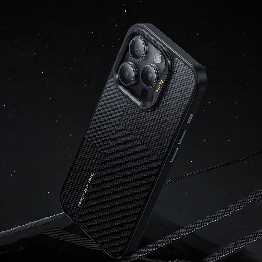 Apple iPhone 14 Pro Kılıf M-safe Şarj Özellikli Karbon Fiber Benks Montage Hybrid ArmorPro Kevlar Kapak