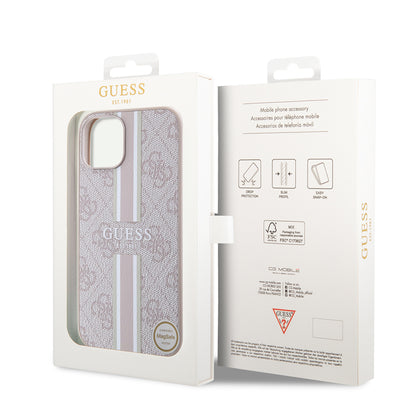 Apple iPhone 15 Kılıf Guess Orjinal Lisanslı M-safe Şarj Özellikli 4G Şerit Tasarımlı Printed Kapak