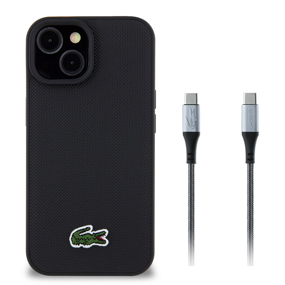 Apple iPhone 15 Kılıf Lacoste Orjinal Lisanslı PU Pike Desenli Arka Yüzey İkonik Timsah Dokuma Logolu Kapak + Type-C Kablo 1.5m
