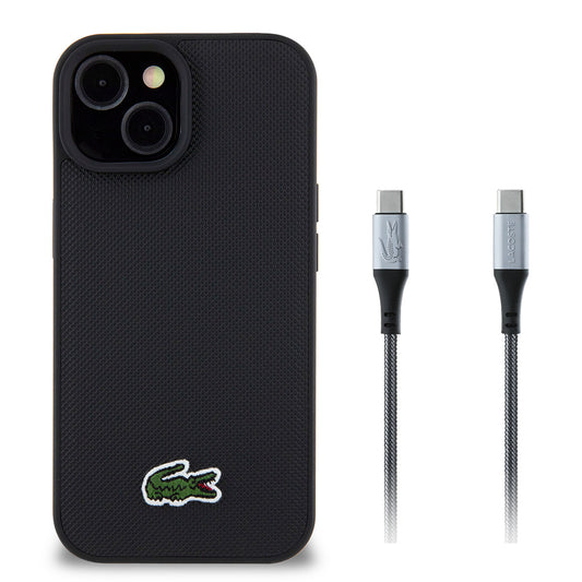 Apple iPhone 15 Kılıf Lacoste Orjinal Lisanslı PU Pike Desenli Arka Yüzey İkonik Timsah Dokuma Logolu Kapak + Type-C Kablo 1.5m