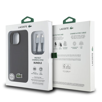 Apple iPhone 15 Kılıf Lacoste Orjinal Lisanslı PU Pike Desenli Arka Yüzey İkonik Timsah Dokuma Logolu Kapak + Type-C Kablo 1.5m