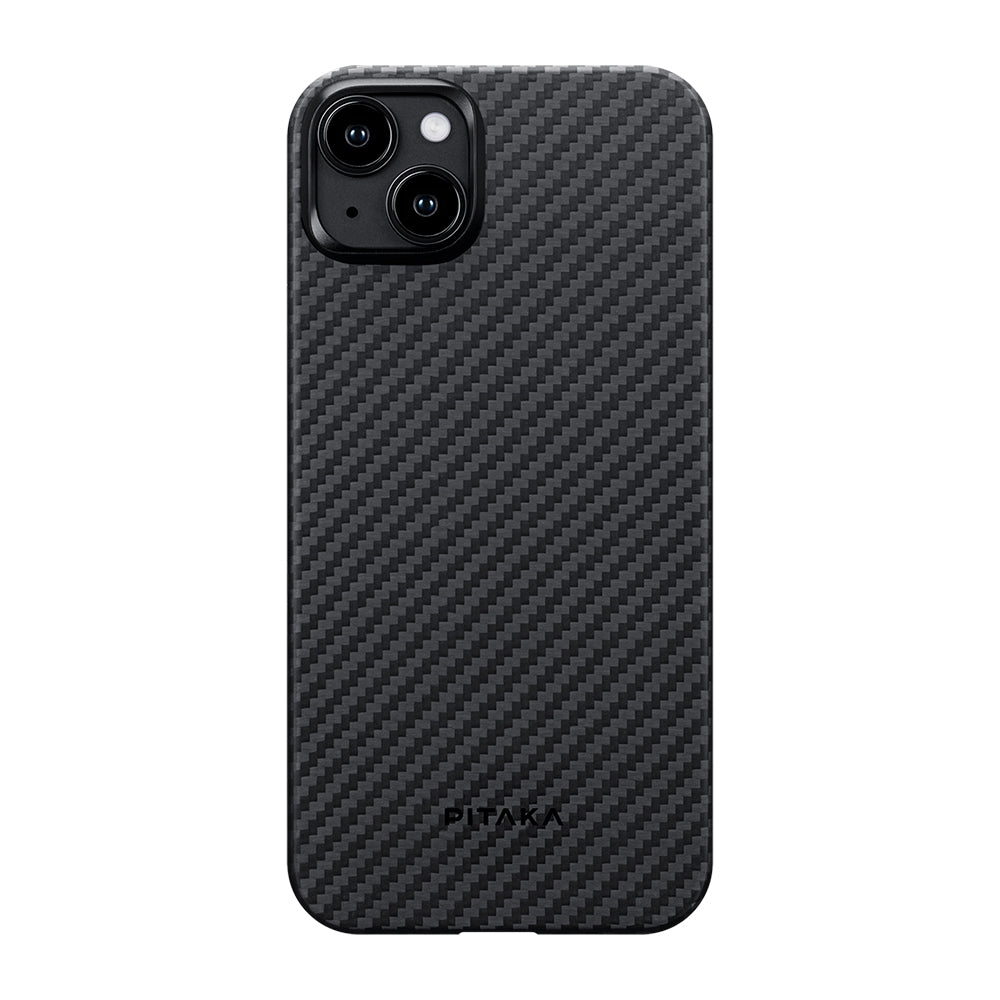Apple iPhone 15 Plus Kılıf M-safe Şarj Özellikli 1500D Aramid Fiber Pitaka Ultra-Slim Classic Serisi Black-Grey Twill Kapak