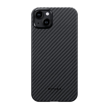 Apple iPhone 15 Plus Kılıf M-safe Şarj Özellikli 1500D Aramid Fiber Pitaka Ultra-Slim Classic Serisi Black-Grey Twill Kapak