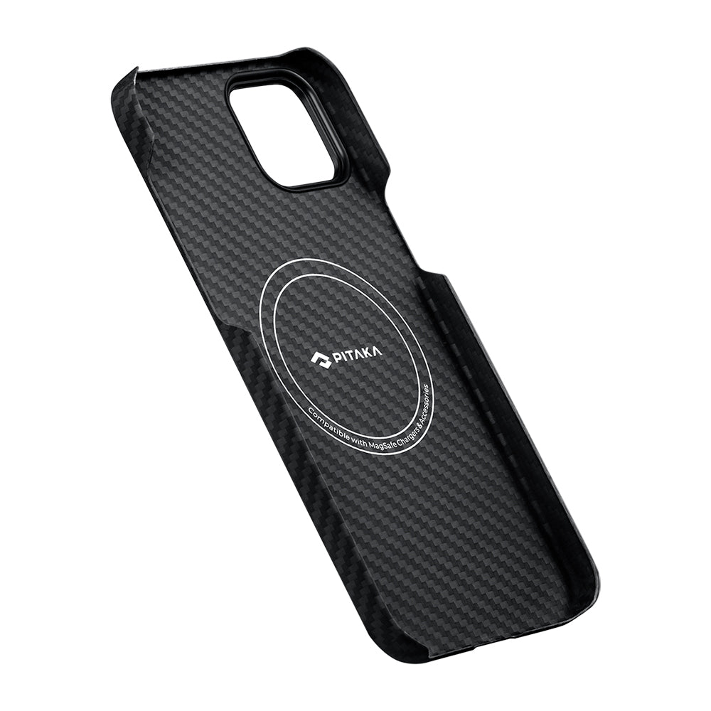 Apple iPhone 15 Plus Kılıf M-safe Şarj Özellikli 1500D Aramid Fiber Pitaka Ultra-Slim Classic Serisi Black-Grey Twill Kapak