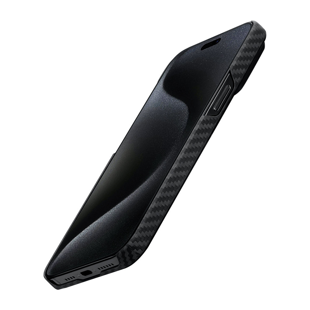 Apple iPhone 15 Plus Kılıf M-safe Şarj Özellikli 1500D Aramid Fiber Pitaka Ultra-Slim Classic Serisi Black-Grey Twill Kapak