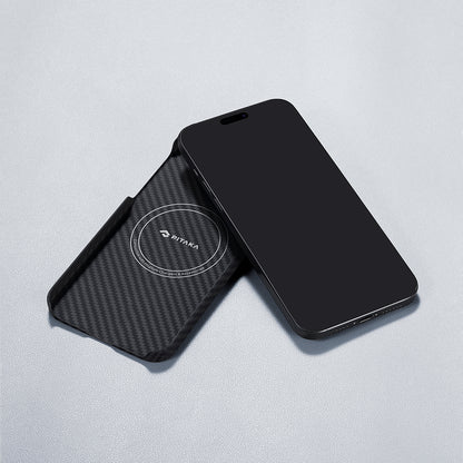 Apple iPhone 15 Plus Kılıf M-safe Şarj Özellikli 1500D Aramid Fiber Pitaka Ultra-Slim Classic Serisi Black-Grey Twill Kapak