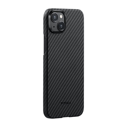 Apple iPhone 15 Plus Kılıf M-safe Şarj Özellikli 1500D Aramid Fiber Pitaka Ultra-Slim Classic Serisi Black-Grey Twill Kapak