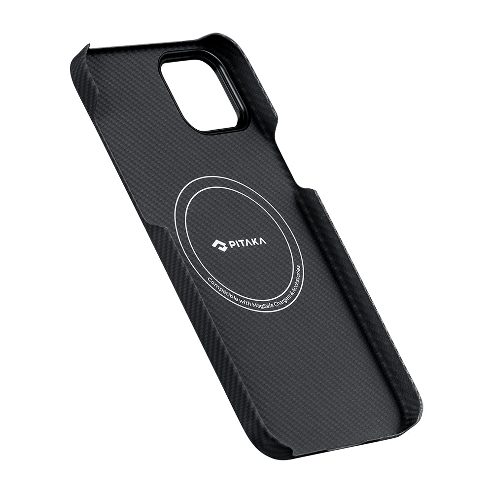 Apple iPhone 15 Plus Kılıf M-safe Şarj Özellikli 600D Aramid Fiber Pitaka Ultra-Slim Classic Serisi Black-Grey Twill Kapak