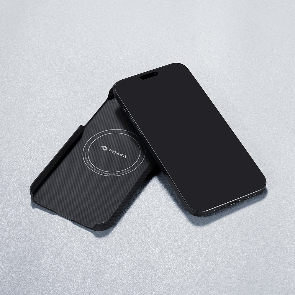 Apple iPhone 15 Plus Kılıf M-safe Şarj Özellikli 600D Aramid Fiber Pitaka Ultra-Slim Classic Serisi Black-Grey Twill Kapak