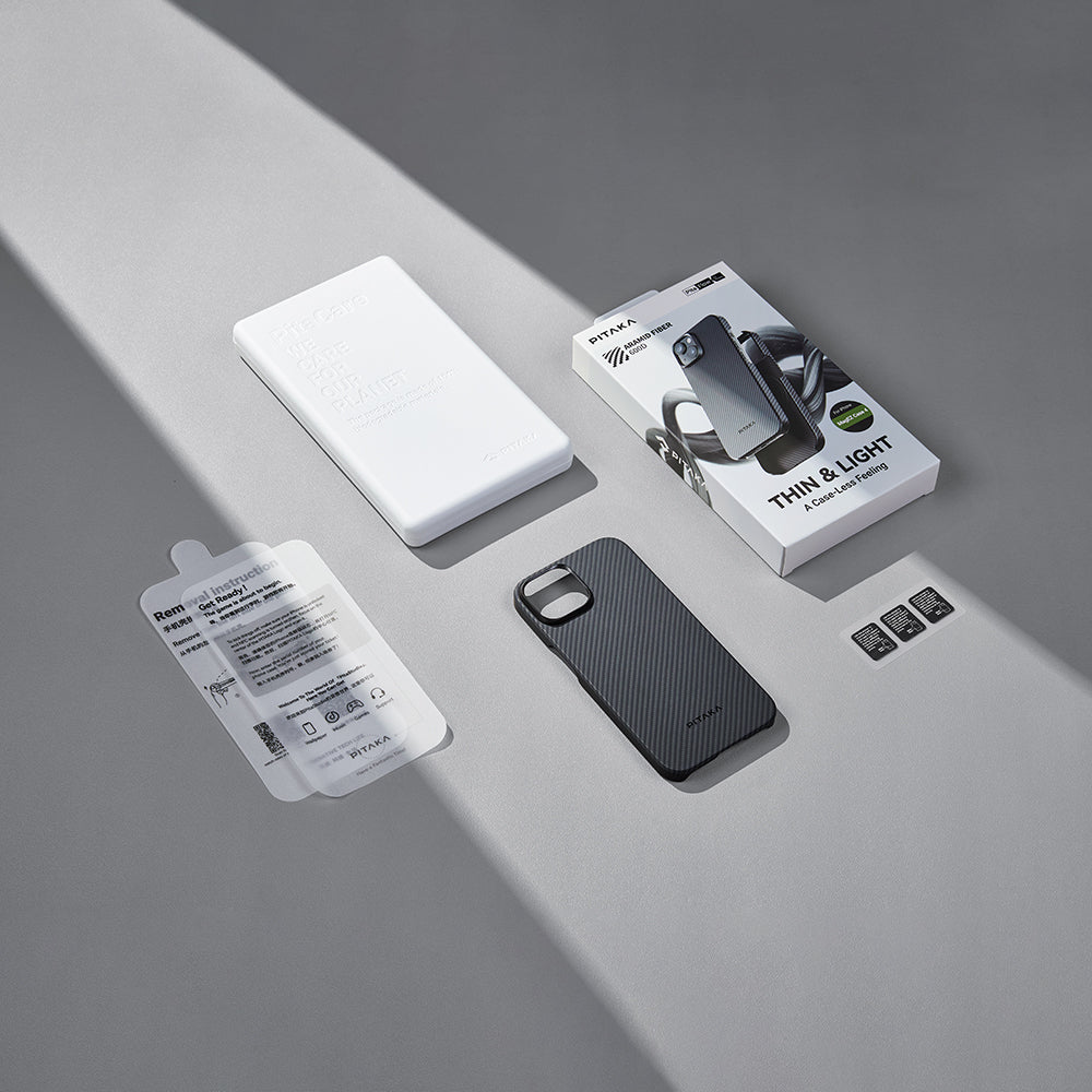 Apple iPhone 15 Plus Kılıf M-safe Şarj Özellikli 600D Aramid Fiber Pitaka Ultra-Slim Classic Serisi Black-Grey Twill Kapak