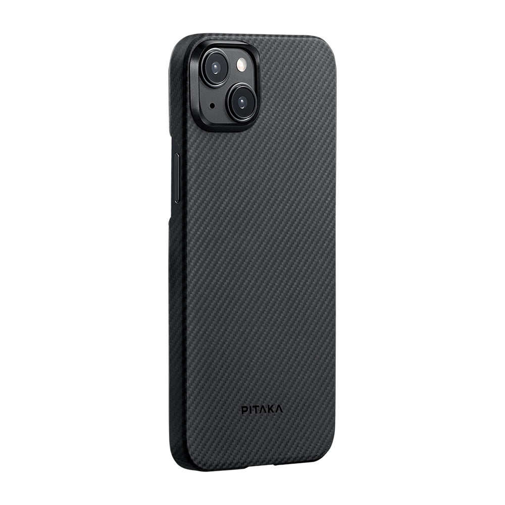 Apple iPhone 15 Plus Kılıf M-safe Şarj Özellikli 600D Aramid Fiber Pitaka Ultra-Slim Classic Serisi Black-Grey Twill Kapak