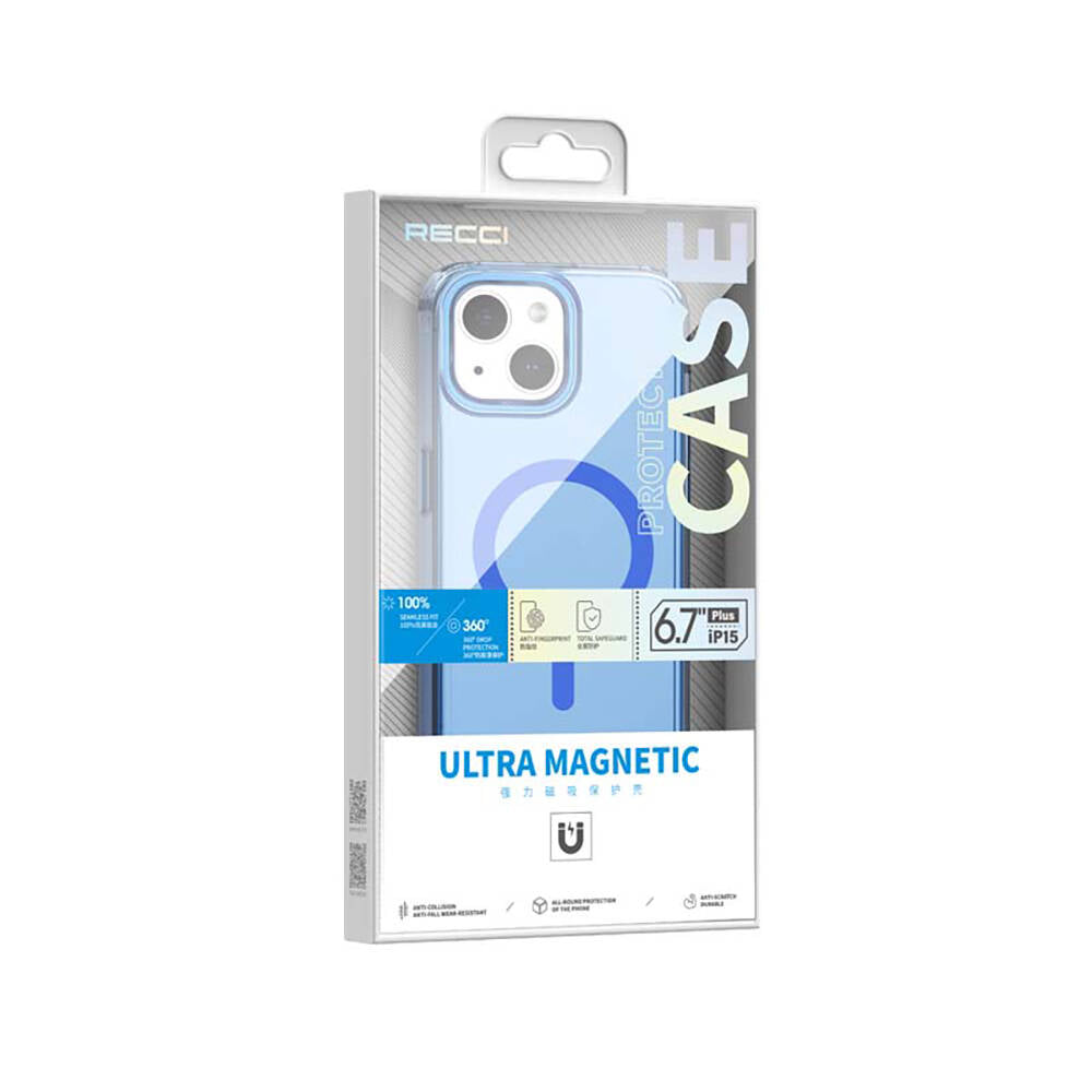 Apple iPhone 15 Plus Kılıf M-safe Şarj Özellikli Saydam Arka Yüzey Recci Crystal Color Serisi Kapak