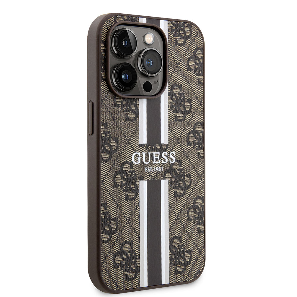 Apple iPhone 15 Pro Kılıf Guess Orjinal Lisanslı M-safe Şarj Özellikli 4G Şerit Tasarımlı Printed Kapak
