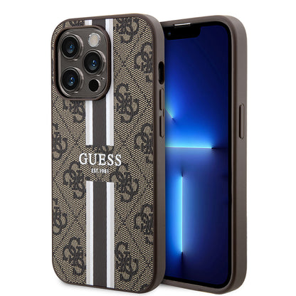 Apple iPhone 15 Pro Kılıf Guess Orjinal Lisanslı M-safe Şarj Özellikli 4G Şerit Tasarımlı Printed Kapak