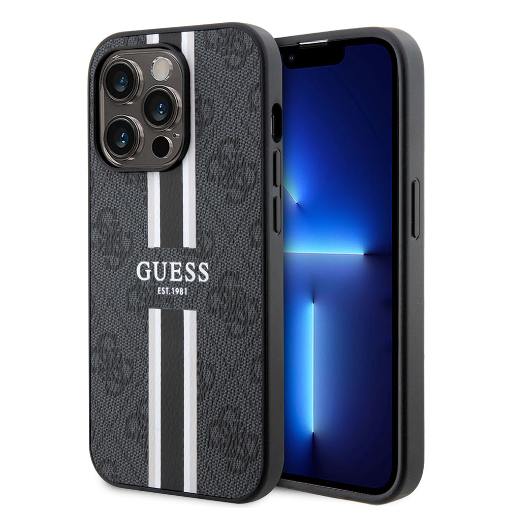 Apple iPhone 15 Pro Kılıf Guess Orjinal Lisanslı M-safe Şarj Özellikli 4G Şerit Tasarımlı Printed Kapak