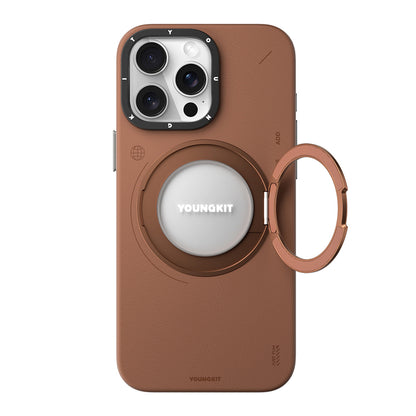 Apple iPhone 15 Pro Kılıf M-safe Şarj Özellikli 360° Standlı Basit Mat Deri Desenli Youngkit Tech Leather Serisi Kapak