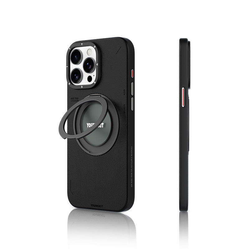 Apple iPhone 15 Pro Kılıf M-safe Şarj Özellikli 360° Standlı Basit Mat Deri Desenli Youngkit Tech Leather Serisi Kapak