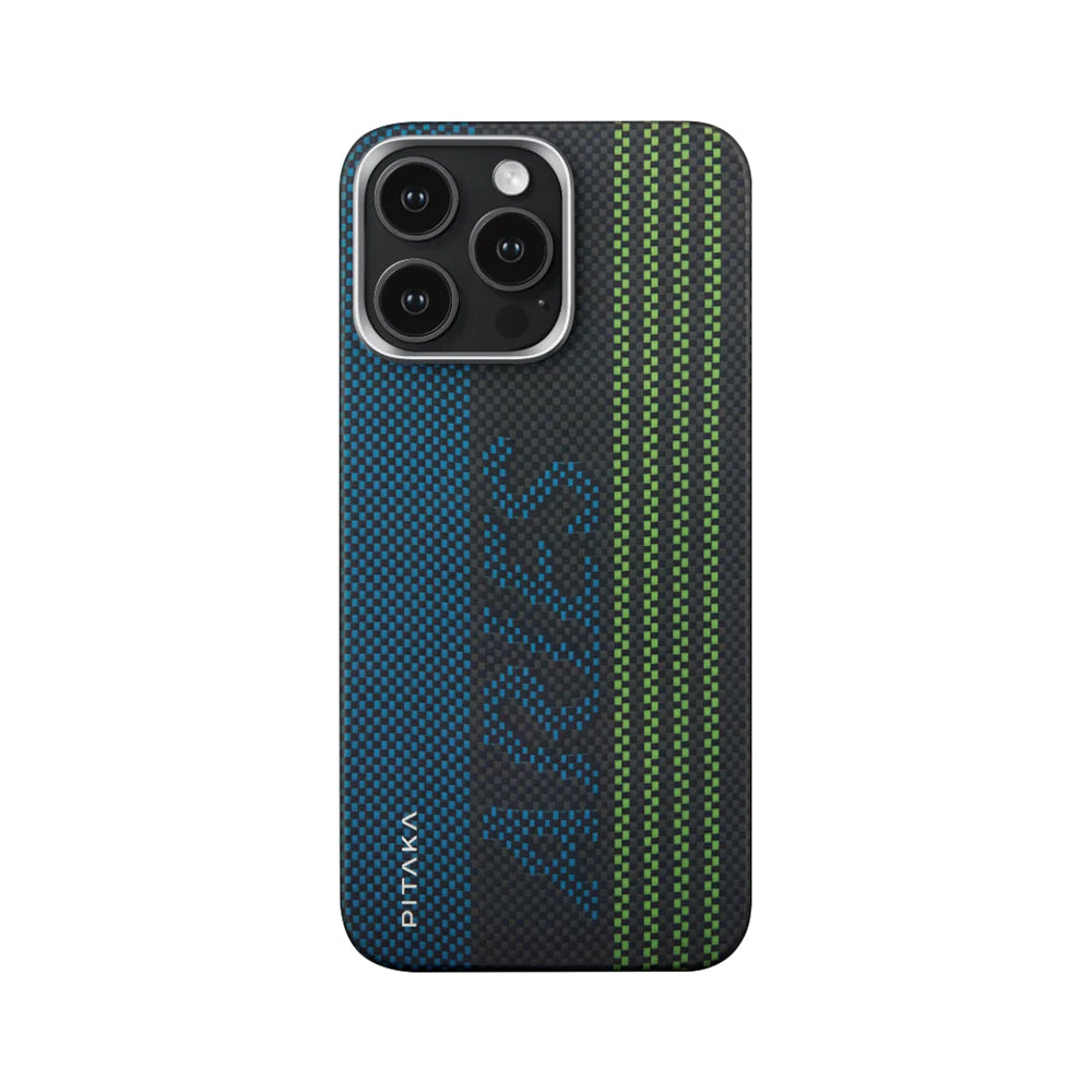 Apple iPhone 15 Pro Kılıf M-safe Şarj Özellikli Lumintex Teknolojili Fosforlu Aramid Fiber Pitaka Tactile Woven Aries Serisi Kapak