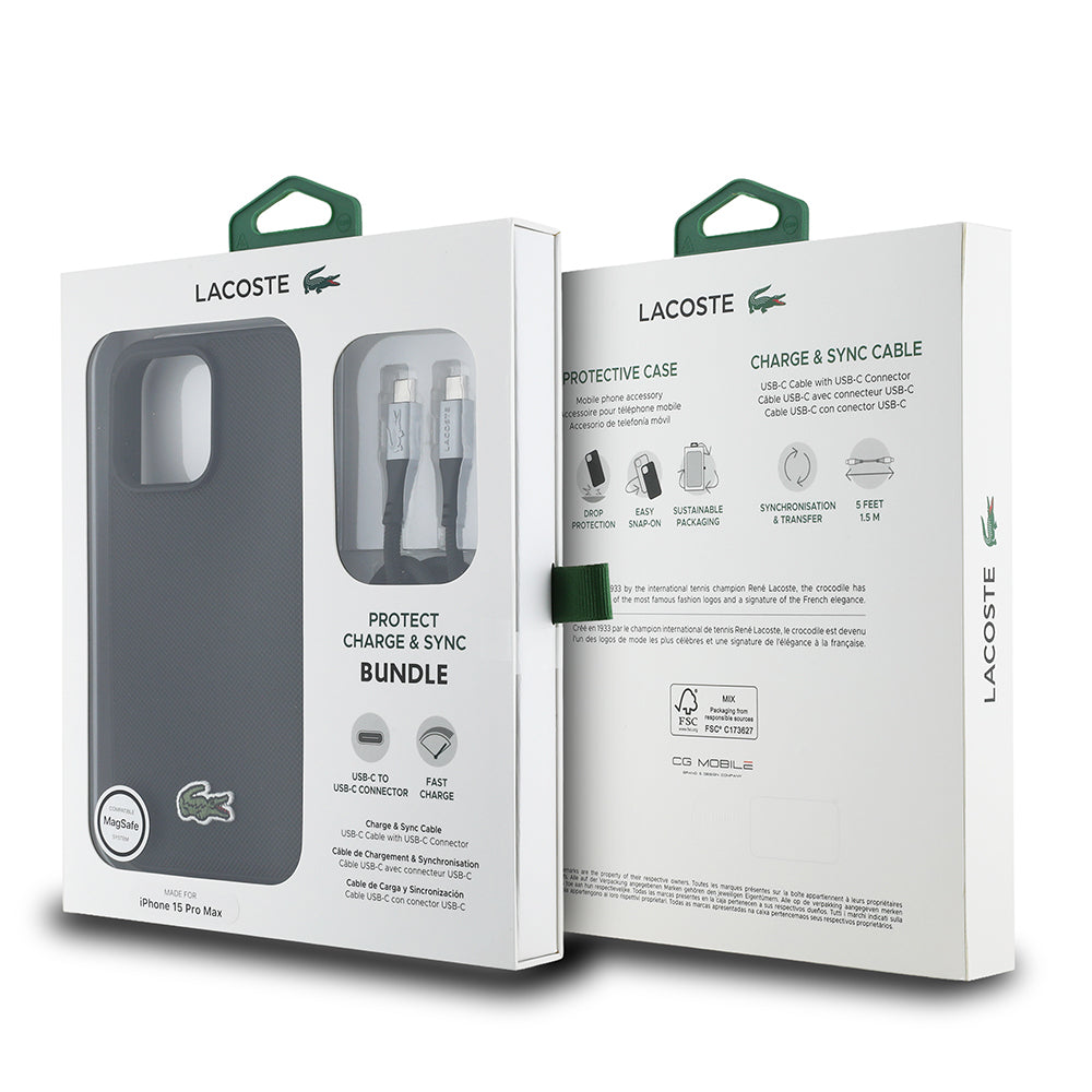 Apple iPhone 15 Pro Max Kılıf Lacoste Orjinal Lisanslı PU Pike Desenli Arka Yüzey İkonik Timsah Dokuma Logolu Kapak + Type-C Kablo 1.5m