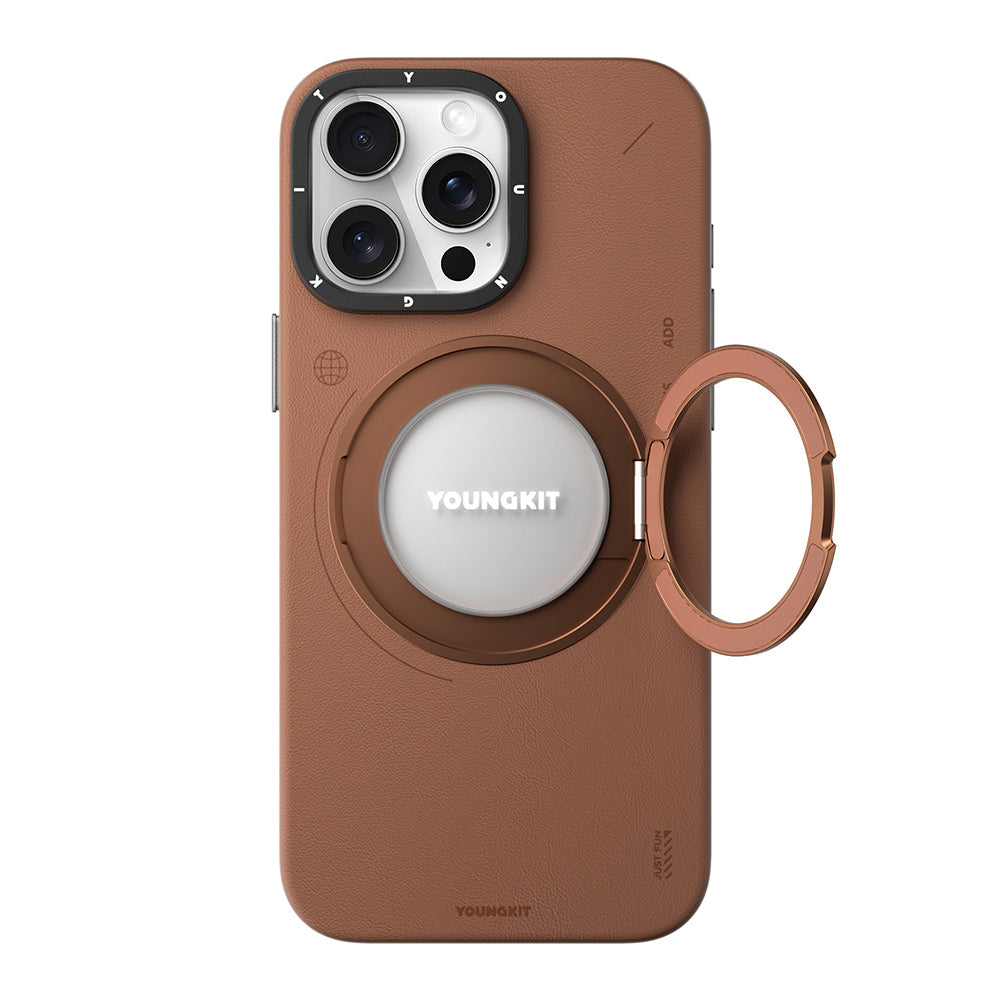 Apple iPhone 15 Pro Max Kılıf M-safe Şarj Özellikli 360° Standlı Basit Mat Deri Desenli Youngkit Tech Leather Serisi Kapak