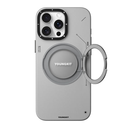 Apple iPhone 15 Pro Max Kılıf M-safe Şarj Özellikli 360° Standlı Basit Mat Deri Desenli Youngkit Tech Leather Serisi Kapak