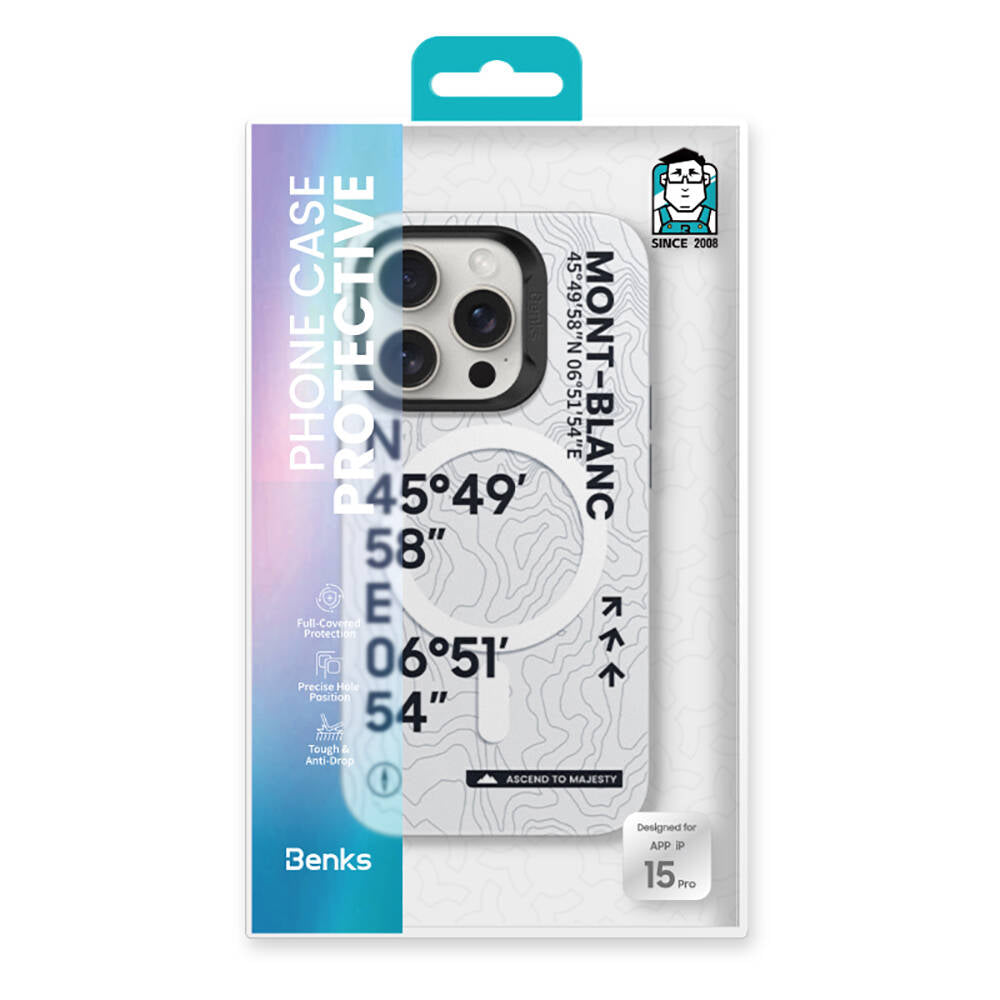 Apple iPhone 15 Pro Max Kılıf M-safe Şarj Özellikli Koordinat Yazı Desenli Benks Summit Serisi Kapak