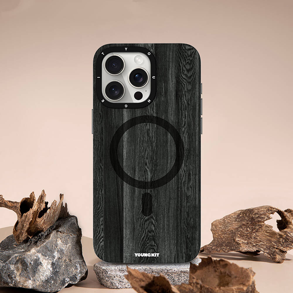 Apple iPhone 15 Pro Max Kılıf M-safe Şarj Özellikli Sararmaya Dayanıklı Youngkit Wood Forest Serisi Kapak