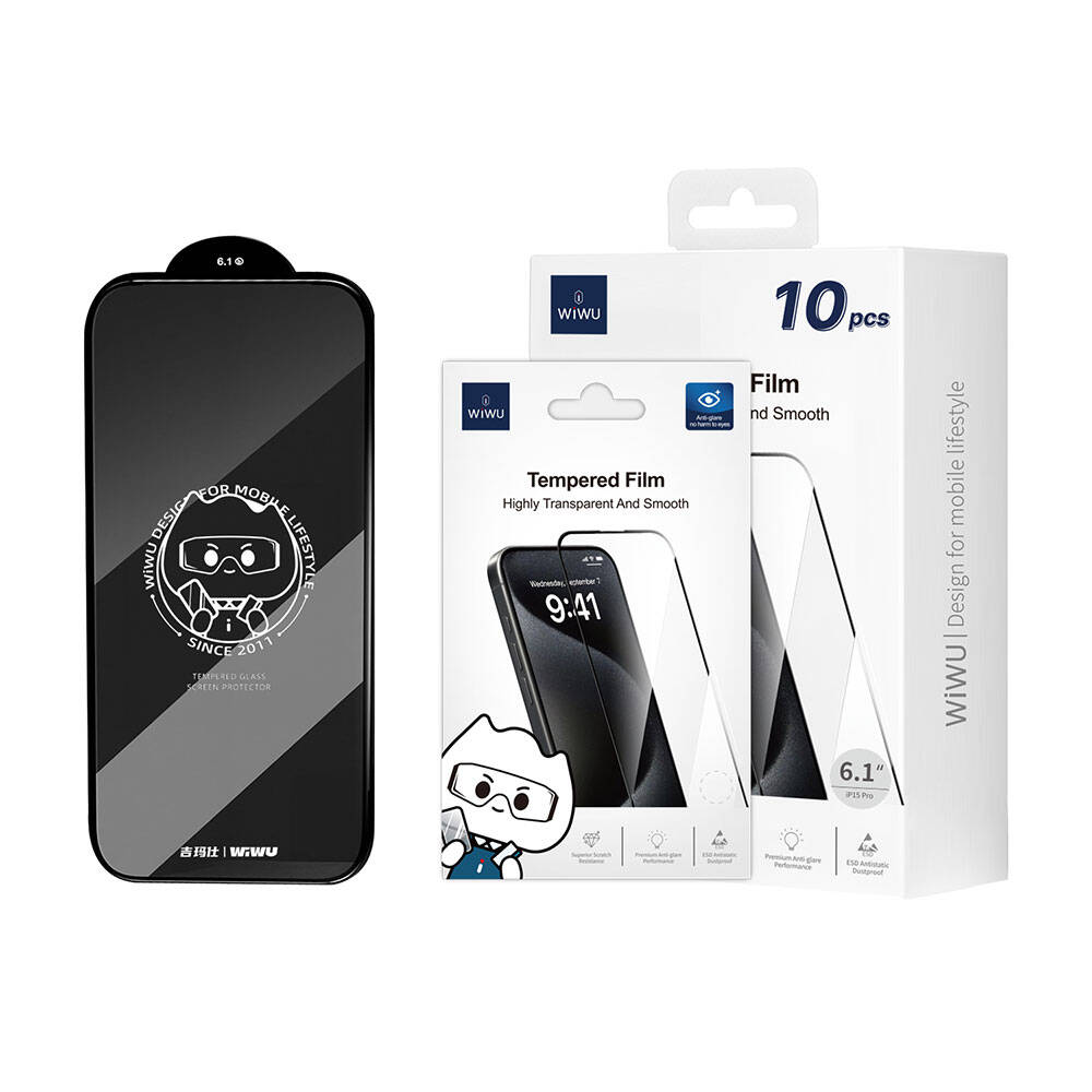 Apple iPhone 15 Pro Wiwu GT-008 Polimer Oleofobik Kaplama Şeffaf Pürüzsüz Temperli Cam Ekran Koruyucu 10'lu Paket