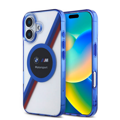 Apple iPhone 16 Kılıf BMW Orjinal Lisanslı M-safe Şarj Özellikli M Logolu Üç Renk Çizgili Motorsport Circle Kapak