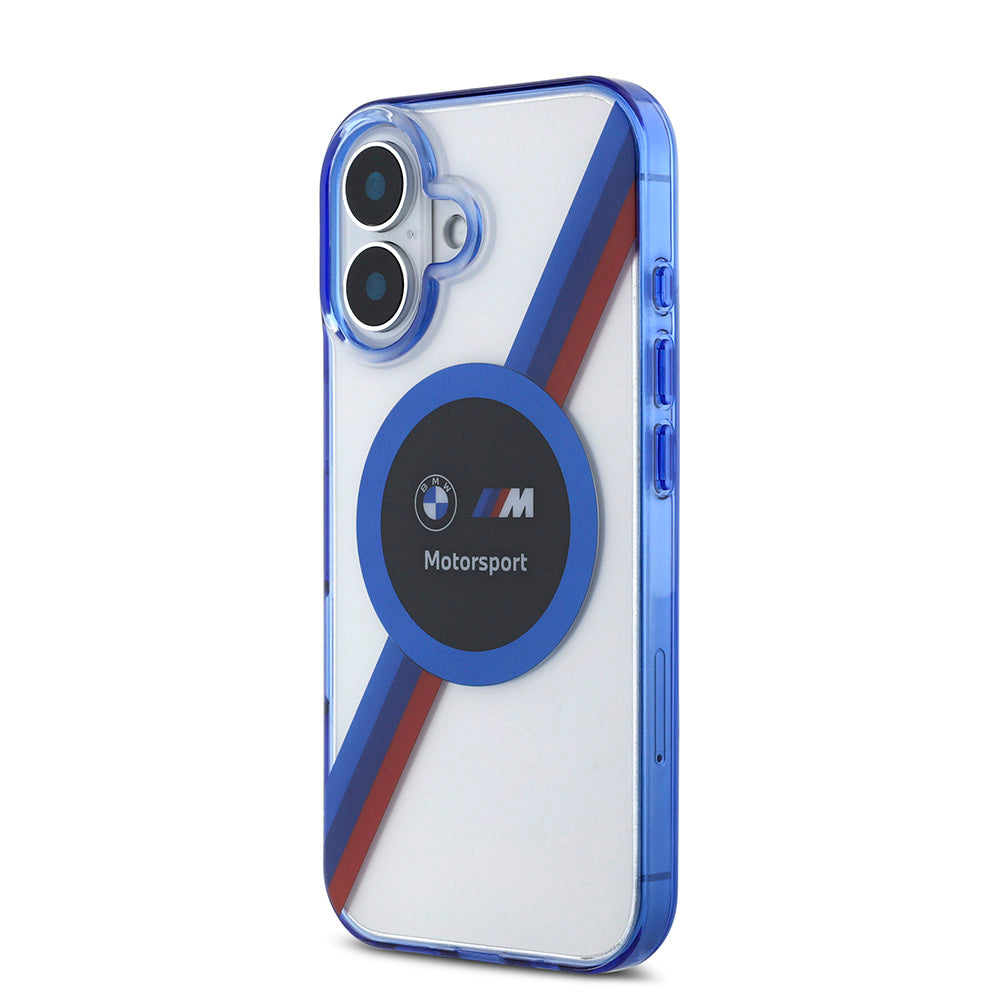 Apple iPhone 16 Kılıf BMW Orjinal Lisanslı M-safe Şarj Özellikli M Logolu Üç Renk Çizgili Motorsport Circle Kapak