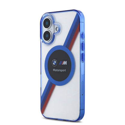 Apple iPhone 16 Kılıf BMW Orjinal Lisanslı M-safe Şarj Özellikli M Logolu Üç Renk Çizgili Motorsport Circle Kapak