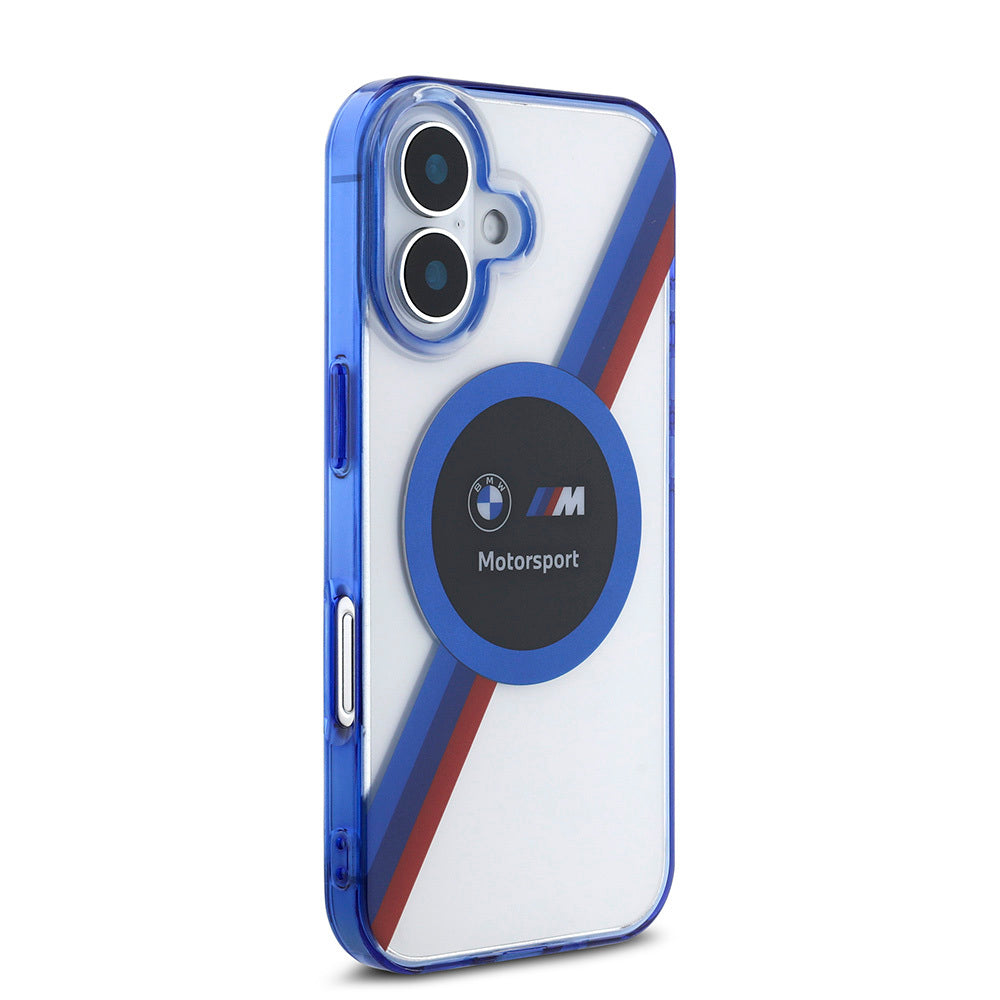 Apple iPhone 16 Kılıf BMW Orjinal Lisanslı M-safe Şarj Özellikli M Logolu Üç Renk Çizgili Motorsport Circle Kapak
