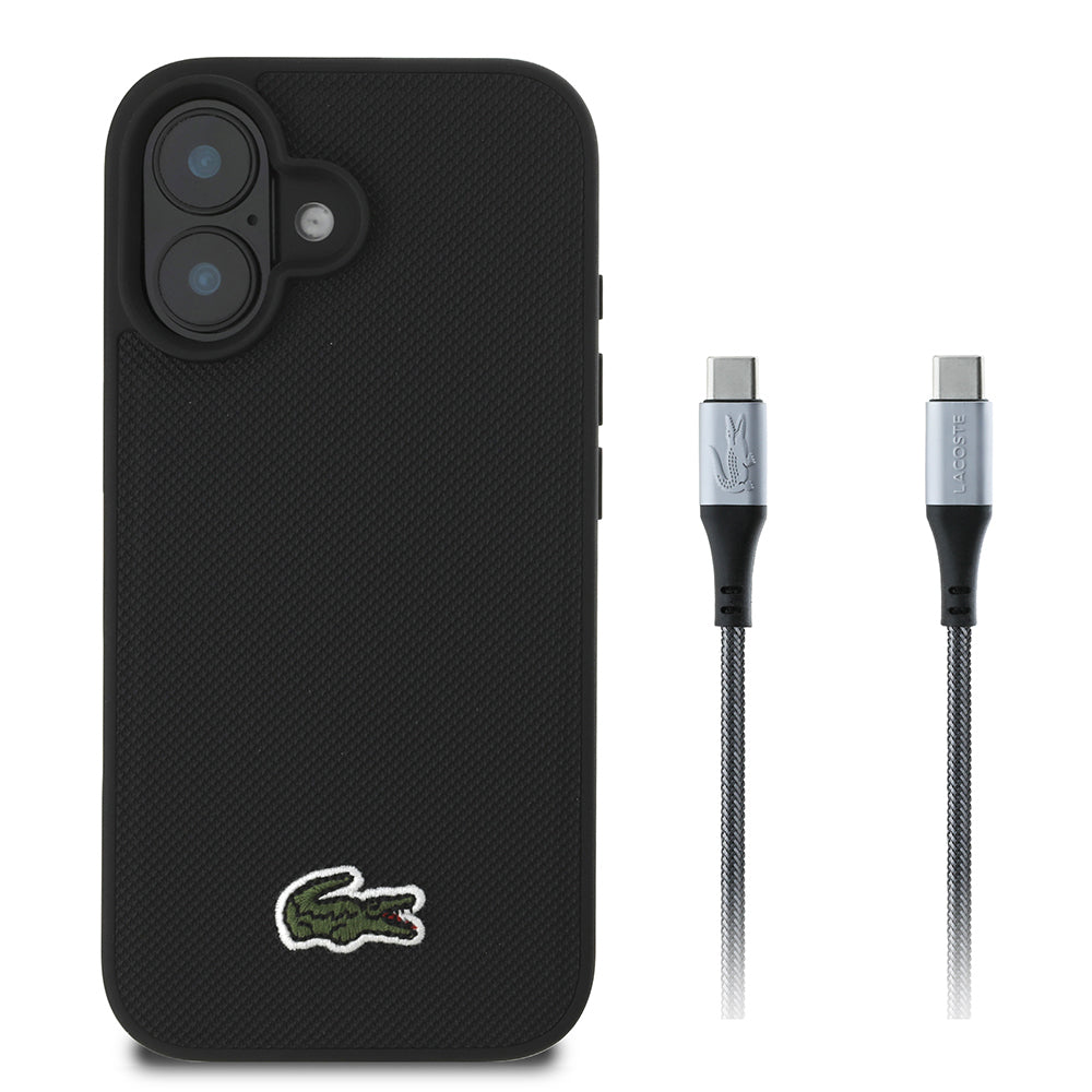 Apple iPhone 16 Kılıf Lacoste Orjinal Lisanslı PU Pike Desenli Arka Yüzey İkonik Timsah Dokuma Logolu Kapak + Type-C Kablo 1.5m