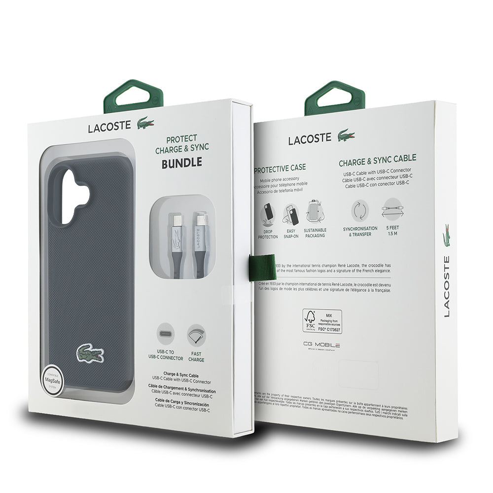 Apple iPhone 16 Kılıf Lacoste Orjinal Lisanslı PU Pike Desenli Arka Yüzey İkonik Timsah Dokuma Logolu Kapak + Type-C Kablo 1.5m