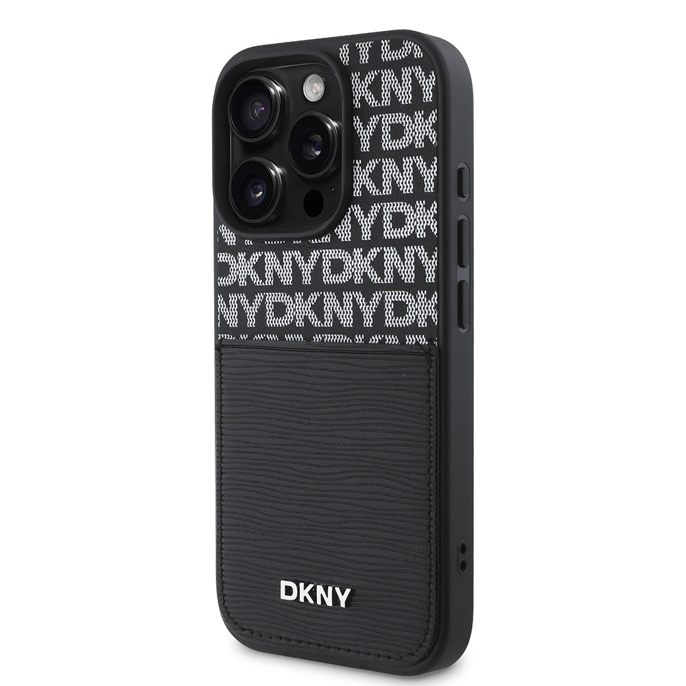 Apple iPhone 16 Pro Kılıf DKNY Orjinal Lisanslı Kartlıklı 3D Yazılı Repeat Texture Pattern Kapak