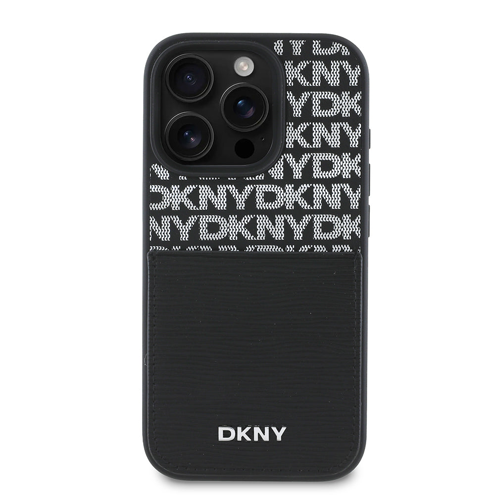 Apple iPhone 16 Pro Kılıf DKNY Orjinal Lisanslı Kartlıklı 3D Yazılı Repeat Texture Pattern Kapak