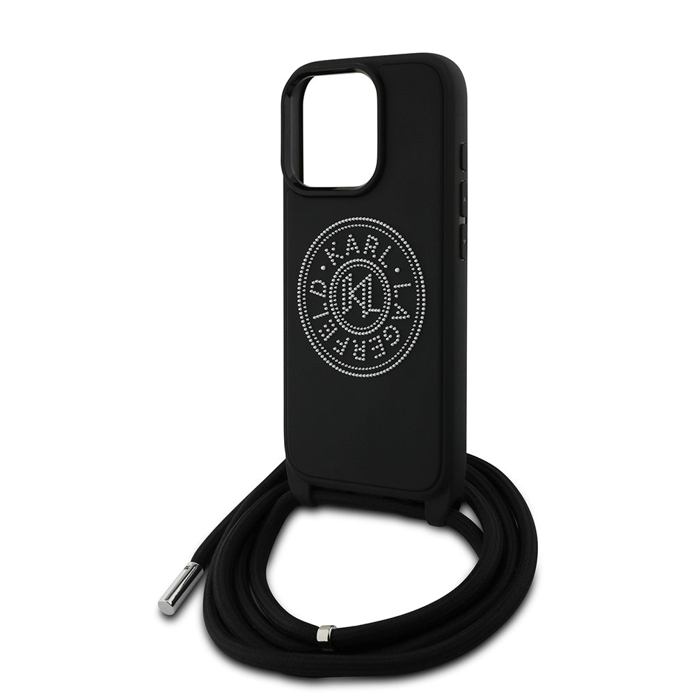Apple iPhone 16 Pro Kılıf Karl Lagerfeld Orjinal Lisanslı Askı İpli Taşlı KL Yazılı Crossbody Cord Kapak
