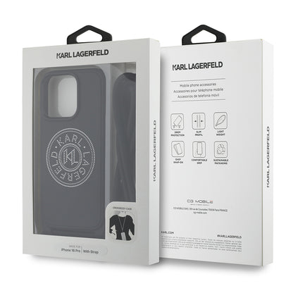Apple iPhone 16 Pro Kılıf Karl Lagerfeld Orjinal Lisanslı Askı İpli Taşlı KL Yazılı Crossbody Cord Kapak