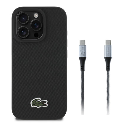 Apple iPhone 16 Pro Kılıf Lacoste Orjinal Lisanslı PU Pike Desenli Arka Yüzey İkonik Timsah Dokuma Logolu Kapak + Type-C Kablo 1.5m