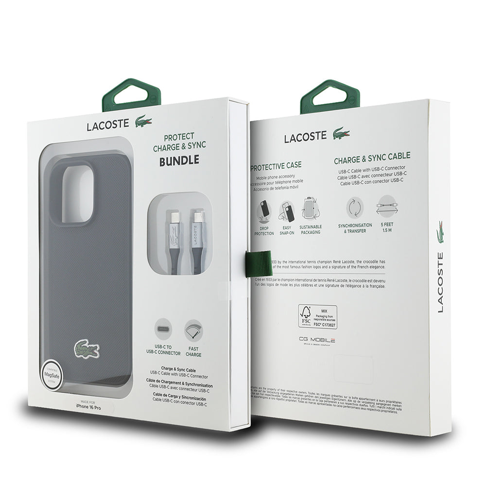 Apple iPhone 16 Pro Kılıf Lacoste Orjinal Lisanslı PU Pike Desenli Arka Yüzey İkonik Timsah Dokuma Logolu Kapak + Type-C Kablo 1.5m