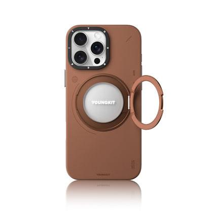 Apple iPhone 16 Pro Kılıf M-safe Şarj Özellikli 360° Standlı Basit Mat Deri Desenli Youngkit Tech Leather Serisi Kapak