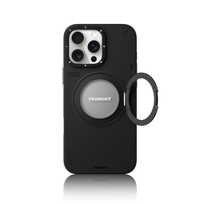 Apple iPhone 16 Pro Kılıf M-safe Şarj Özellikli 360° Standlı Basit Mat Deri Desenli Youngkit Tech Leather Serisi Kapak