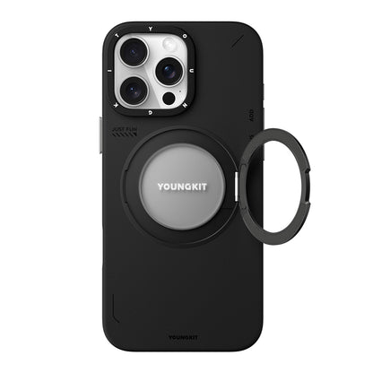 Apple iPhone 16 Pro Kılıf M-safe Şarj Özellikli 360° Standlı Basit Mat Deri Desenli Youngkit Tech Leather Serisi Kapak