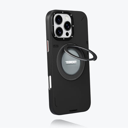 Apple iPhone 16 Pro Kılıf M-safe Şarj Özellikli 360° Standlı Basit Mat Deri Desenli Youngkit Tech Leather Serisi Kapak