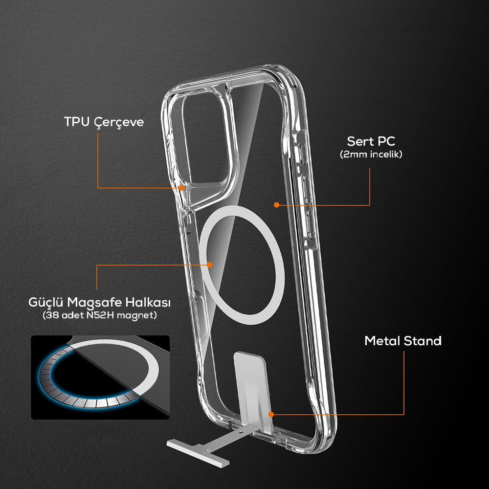 Apple iPhone 16 Pro Kılıf M-safe Şarj Özellikli Zore T-Max Standlı Kapak