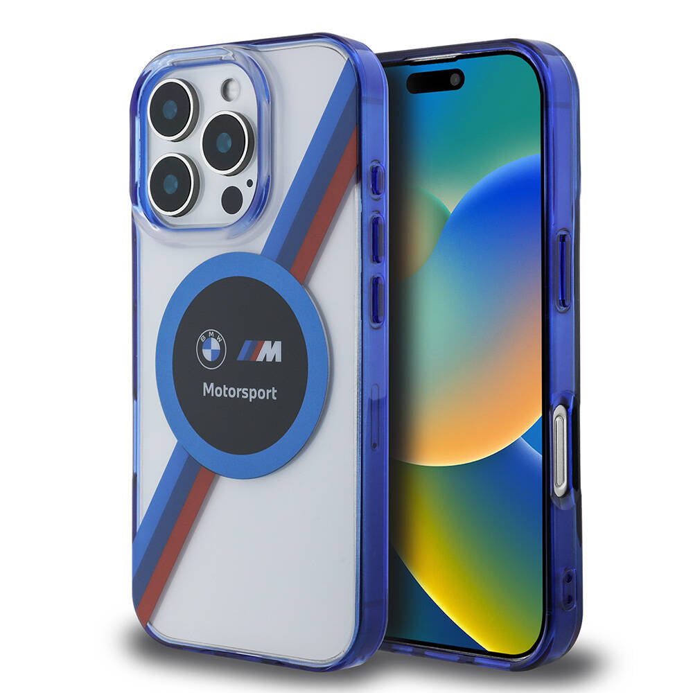 Apple iPhone 16 Pro Max Kılıf BMW Orjinal Lisanslı M-safe Şarj Özellikli M Logolu Üç Renk Çizgili Motorsport Circle Kapak