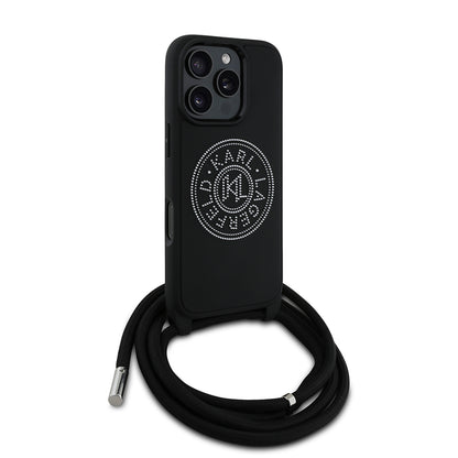 Apple iPhone 16 Pro Max Kılıf Karl Lagerfeld Orjinal Lisanslı Askı İpli Taşlı KL Yazılı Crossbody Cord Kapak